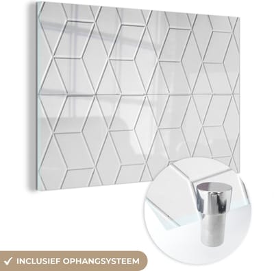 Glasschilderij - Wit - Patronen - Design - Steen - Ruit - 150x100 cm - Schilderij glas - Woondecoratie