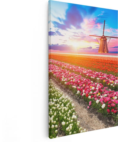 Artaza Canvas Schilderij Tulpenveld - 80x120 cm - Groot - Wanddecoratie Molen - Muurdecoratie Bloemen - Schilderijen Op Canvas Nederland