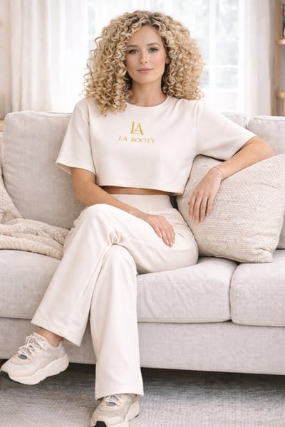 La Booty-Luxe Dames Joggingpak Ecru – Premium Katoen – Sweater– Designer Lounge wear Set – maat XL