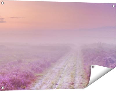 Gards Tuinposter Pad in de Weide tijdens de Mist - 90x60 cm - Tuindoek - Tuindecoratie - Wanddecoratie buiten - Tuinschilderij