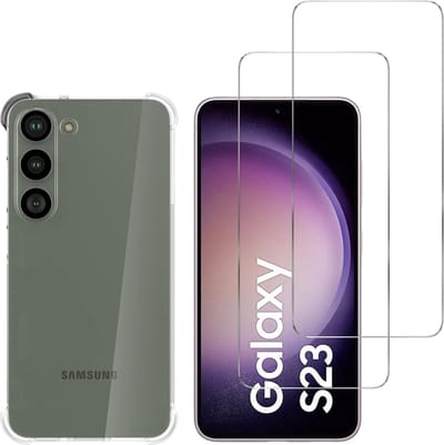 Hoesje voor Samsung Galaxy S23 backcover Shockproof siliconen Transparant en 2 stuks Screenprotector Gehard Glas