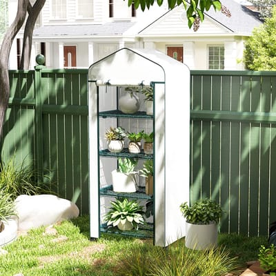 MODFU - Foliekas Met Oproldeur En 4 Plantenrekken - Metalen Frame Van Gepoedercoat Staal - Wit - 69 X 50 X 165 Cm