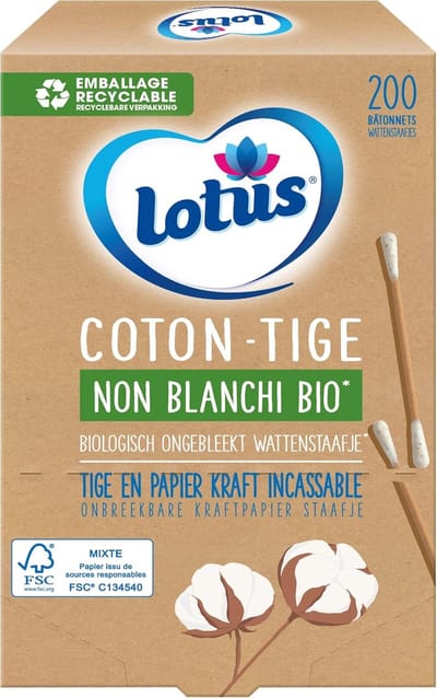Lotus Organic Ongebleekt Papier en Wattenstaafjes - Doos van 200 Sticks