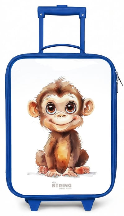NoBoringSuitcases.com® - Kinderkoffer blauw - Kindertrolley jongen - Baby aap - Koffer kind lichtgewicht - Reiskoffer trolley voor kinderen - Koffertje met lichtgevende wieltjes - Rolkoffer