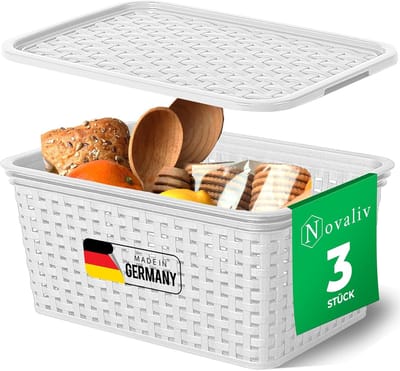 Novaliv Set van 3 opbergdozen met deksels Keuken 5L Wit Kunststof Rotanlook Keukenopslag & Organisatie BPA-vrij Kastorganizer Opbergdozen voor theezakjes Snacks Specerijen