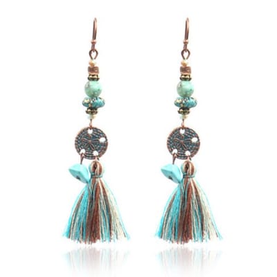 Bronzen oorhangers met muntje, kwastje en turquoise stenen
