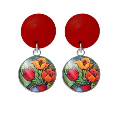 Clip oorbellen- Tulp -rood hout- lang-geen gaatje- Charme Bijoux