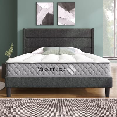 Gestoffeerd bed 140 x 200 cm - met bedframe - lattenbodem en hoofdeinde - tweepersoonsbed - linnen stof - grijs - inclusief matras