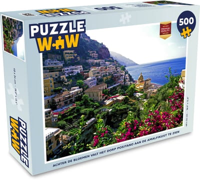 Puzzel Achter de bloemen valt het dorp Positano aan de Amalfikust te zien - Legpuzzel - Puzzel 500 stukjes