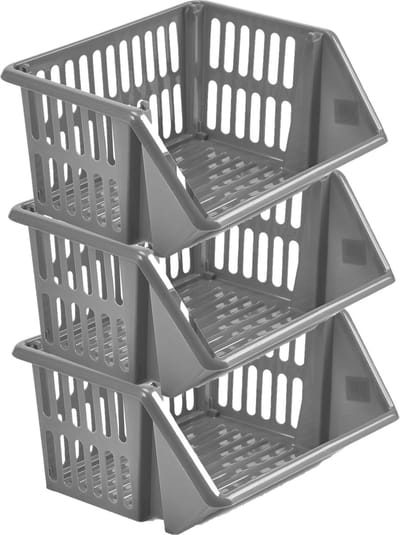 Whitefurze Mand/organizer - 3x - stapelbaar - grijs - 35 x 29 x 17 cm