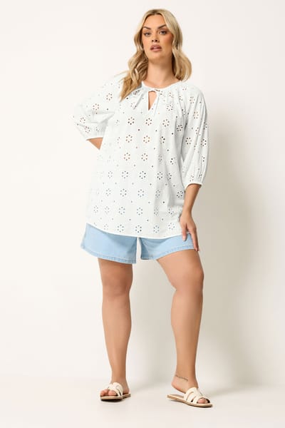 Yours Witte Top Met Bloemenprint En Broderie Anglaise Size 42