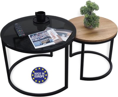 Ronde Koffietafel Set van 2 - Massief Beukenhout en Staal - Handgemaakte Side table - Eettafel - Zwart - 60 x 45 cm / 45 x 40 cm - Duurzaam en Stijlvol