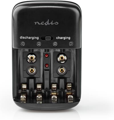 Nedis NiMH-Batterijlader AA / AAA - 1.2 / 9 V DC - 0.5 A - Druppelladen - Euro / Type-C (CEE 7/16) - Batterijtype: AA / AAA / E-Blok (9V) - Zwart
