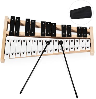 COSTWAY Xylophon 27 noten klokkenspel handpercussie met 2 haken en draagtas, percussie slaginstrument houten sokkel en metalen toetsen