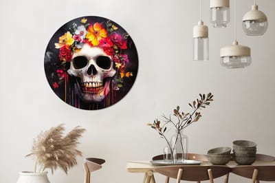 WallCircle - Wandcirkel - Muurcirkel - Schedel - Bloemen - Doodshoofd - Bloed - Kleurrijk - Aluminium - Dibond - 90x90 cm - Binnen en Buiten