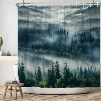 Douchegordijn, 180 x 200 cm, natuurlijk landschap, blauw, groen, mist, bos, jungle, bergtop, wolk, badkamer, wasbaar, douchegordijnen, polyester, textiel, waterdicht, badgordijn voor bad