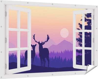 Gards Tuinposter Doorkijk Twee Herten - Zonsondergang - Silhouet - 180x120 cm - Tuindoek - Tuindecoratie - Wanddecoratie buiten - Tuinschilderij