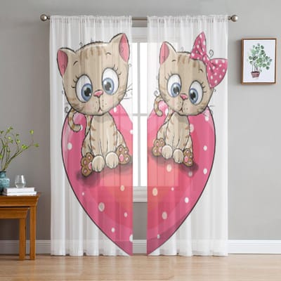 Twee Schattige Cartoon Kittens Transparante Gordijnen Voor Slaapkamer Woonkamer Tule Gordijnen Voor Keukenraam Voile Gordijnen 135W x 114H(cm) pink