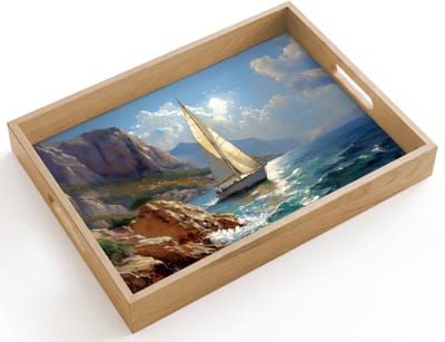 Dienblad hout 40x30 cm - Schootdienblad - Zeilschip - Zee - Rotsen - Wolken - Borrelplank rechthoek - Plateau dienbladen