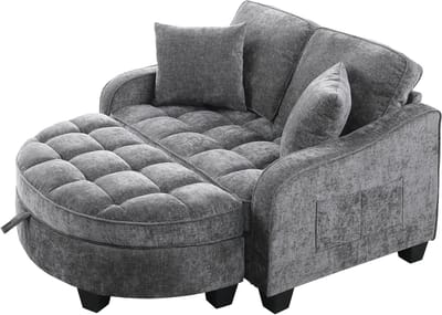 2-in-1 Slaapbank met Opbergpoef – Multifunctionele Sofa van Ademend Stof en Eucalyptushout – Voor Kleine Woonkamer, Studie en Slaapkamer – Donkergrijs