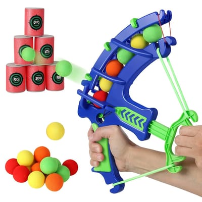 Foam Schietset voor Kinderen – Pijl-en-Boog Speelgoed met 5 Foam Ballen & 6 Doelwit Blikjes – Veilig Schietspel 3+ – Binnen & Buiten – Stimuleert Coördinatie & Focus – Zacht & Kindvriendelijk - Educatief & Actief Speelplezier