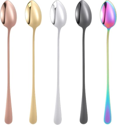 Set van 5 Lange RVS IJslepel voor Sundae, Dessert en Theelepel - Ideaal voor IJs, Koffie en Drankjes