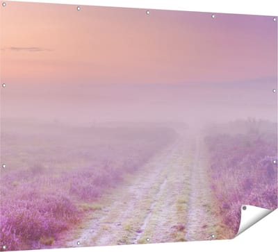 Gards Tuinposter Pad in de Weide tijdens de Mist - 160x120 cm - Tuindoek - Tuindecoratie - Wanddecoratie buiten - Tuinschilderij