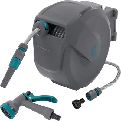 Tuinslanghaspel - Slanghouder - Tuin bewateren - Automatisch oprollen - 15 meter slang - Grijs