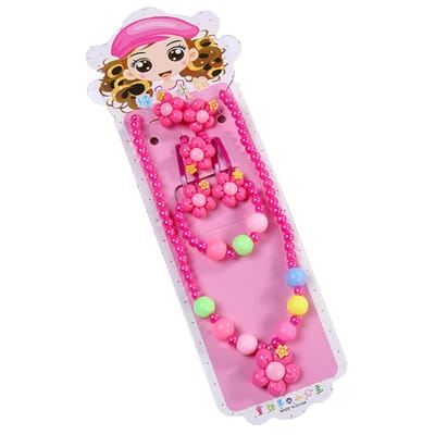Fako Bijoux® - Kindersieraden Set - Kinderketting & Armband - Plastic - Bloemetjes - Donkerroze