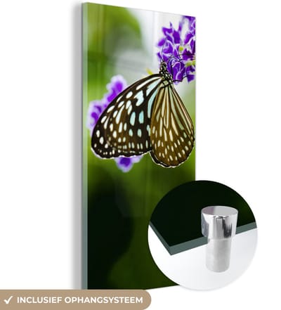 MuchoWow® Glasschilderij 20x40 cm - Schilderij acrylglas - Lavendel - Vlinder - Botanisch - Foto op glas - Schilderijen