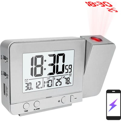 Réveil de Projection pour chambre à coucher, avec thermomètre et hygromètre, projet numérique, horloge de plafond argenté