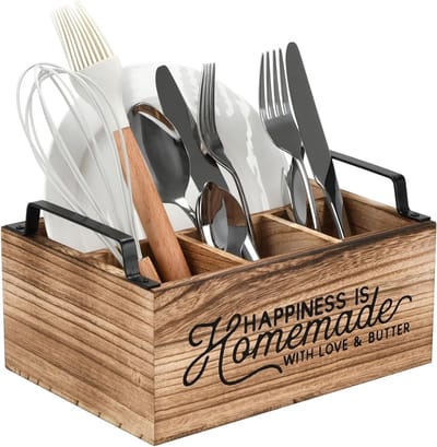 Famanu - Houten Keukengereihouder 4 Compartimenten met Handvat, koffiebar organizer en opbergmand voor aanrecht, efficiënte caddy voor kookgereedschap