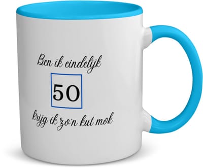 Akyol - ben ik eindelijk 50 krijg ik zo'n kut mok koffiemok - theemok - blauw - Hoera 50 jaar - mama papa - verjaardag 50 jaar - cadeautje - geschenk - 350 ML inhoud