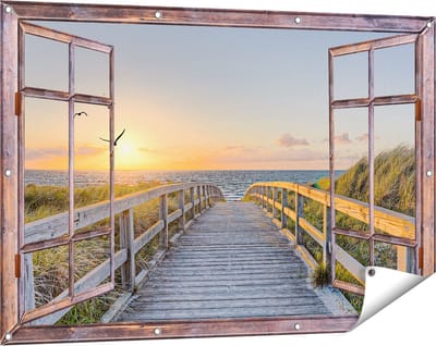 Gards Tuinposter Doorkijk Voetpad met Zee en Vogels - 120x80 cm - Tuindoek - Tuindecoratie - Wanddecoratie buiten - Tuinschilderij