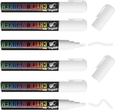 Set van 6 Witte Krijtmarkers voor Whiteboard en Flipchart - Wasbaar, Omkeerbare Punt, 6 mm Dikte