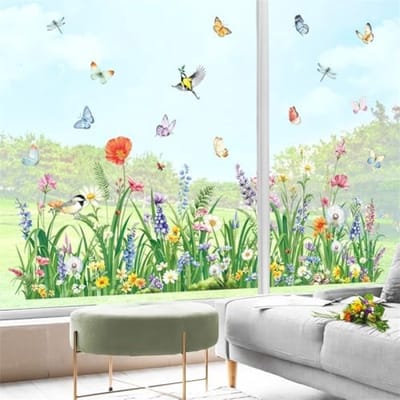 PromoHome Dubbelzijdige Raamstickers Lentetuin Decoratie Set - 8 Vellen Met Bloemen, Gras, Vlinders en Wilde Bloemen Patroon - Statische Raamdecoratie Zonder Lijm - Herbruikbare Glasversiering