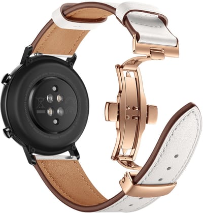 Stravo 20mm Luxe Leren Horlogeband – Geschikt voor Samsung Galaxy Watch 7 / 6 / 5 / 4 (Classic) – Echt Leer Leather Bandje met Roségouden Vlindersluiting – Voor Garmin Vivoactive 5 / 3, Forerunner 245, Venu SQ 2, Vivomove & Huawei - Wit