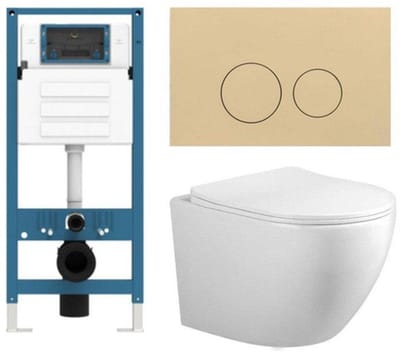 FugaFlow Eccelente Press Toiletset - 48.5x36x32cm - diepspoel - spoelrandloos - inbouwreservoir - softclose - quickrelease - toiletzitting - beige kunststof bedieningsplaat - ronde knoppen - wit