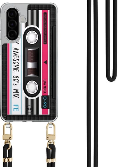 Telefoonhoesje met koord geschikt voor Samsung A36 - Cassette - Inclusief Zwart koord - Transparant, Zwart - Print - Crossbody beschermhoes - Met Telefoonketting