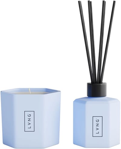 Geschenkset - Geurkaars & Geurstokjes - Cadeauset - Giftset - Huisparfum Santorini - Giftset | LVNG Champagne & Magnolia, Fris & Fruitig