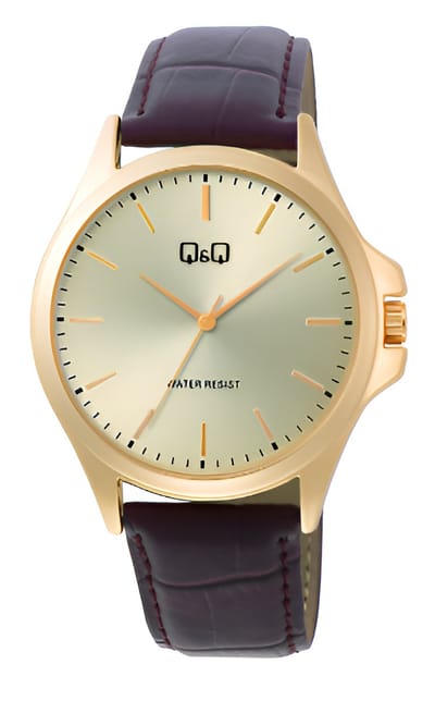Q&Q C36A-010PY - Horloge - Analoog - Mannen - Heren - Leren band - Rond - Metaal - Bruin - Goudkleurig