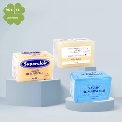 Marseillezeep Bundel 3 x 400 g – Witte, Blauwe & Glycerine Zeep | Multifunctioneel & Biologisch Afbreekbaar