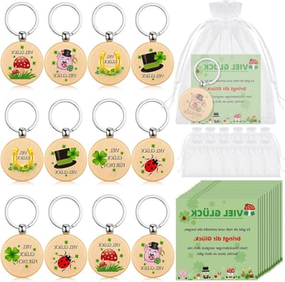 12 cadeau sets met houten sleutelhangers, kaarten en organza zakjes voor afscheid, Kerst en Nieuwjaar voor collega's en vrienden
