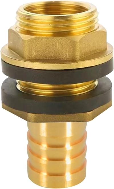 Tankgrommet van messing met 1 inch mannelijke en 3/4 inch vrouwelijke draad, ideaal voor regentonnen en watertanks, inclusief slangverbinder voor optimale waterafvoer