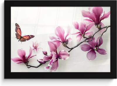 Poster in lijst - Fotolijst 30x20 cm - Posters - Bloesem - Vlinder - Roze - Natuur - Wit - Posterlijst zwart - Wanddecoratie badkamer - Muurdecoratie WC - Decoratieve accessoires - Toilet muur decoratie