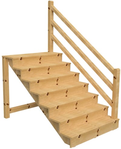 Vrijstaande buitentrap met trapleuning hout Rechts - palen ronde kop - H 7-treden 122cm B 120cm