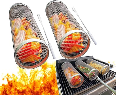 Dutchers® 2x BBQ Grillmand RVS 304 – Cilindervormige Barbecuekooi – Roestvrijstalen Gaasmand voor Barbecue & Rookoven – Barbecue Accessoire – Hittebestendig – Keuken- en Buitenkookbenodigdheden