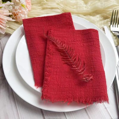 6 stuks 32x32cm 100% Katoen zacht beige Gaas C Bruiloft Servetten Herbruikbaar Blauwe Rand Keukendoek Rustiek Retro Ruwe randen servetten Voor Diner, Feest, Bruiloften 6PCS-32x32cm rood