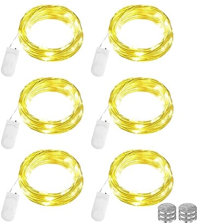 Dalugo [6 stuks] Warmwit lichtsnoer op batterijen, 2 m, 20 leds, warmwit, mini-lichtketting met batterij, koperdraad, lichtketting voor binnen, voor fles, slaapkamer, feest, bruiloft, Kerstmis