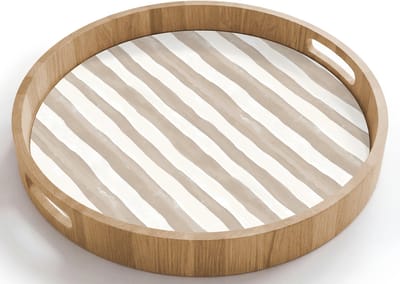 Dienblad rond 40x40 cm - Schootdienblad hout - Minimalistisch - Strepen - Beige - Borrelplank rechthoek - Plateau houten dienbladen